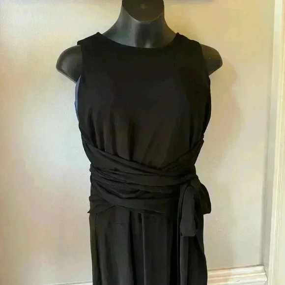 Lauren Ralph Lauren Faux Wrap Belt Midi Black Dress W/ Keyhole Back Size L - Picture 3 of 11